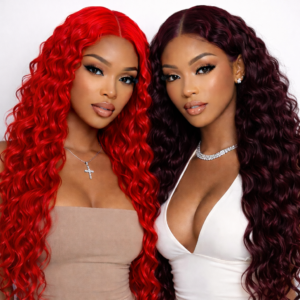 RED OR BURGUNDY WAVY TEXTURE LACE FRONTAL WIG