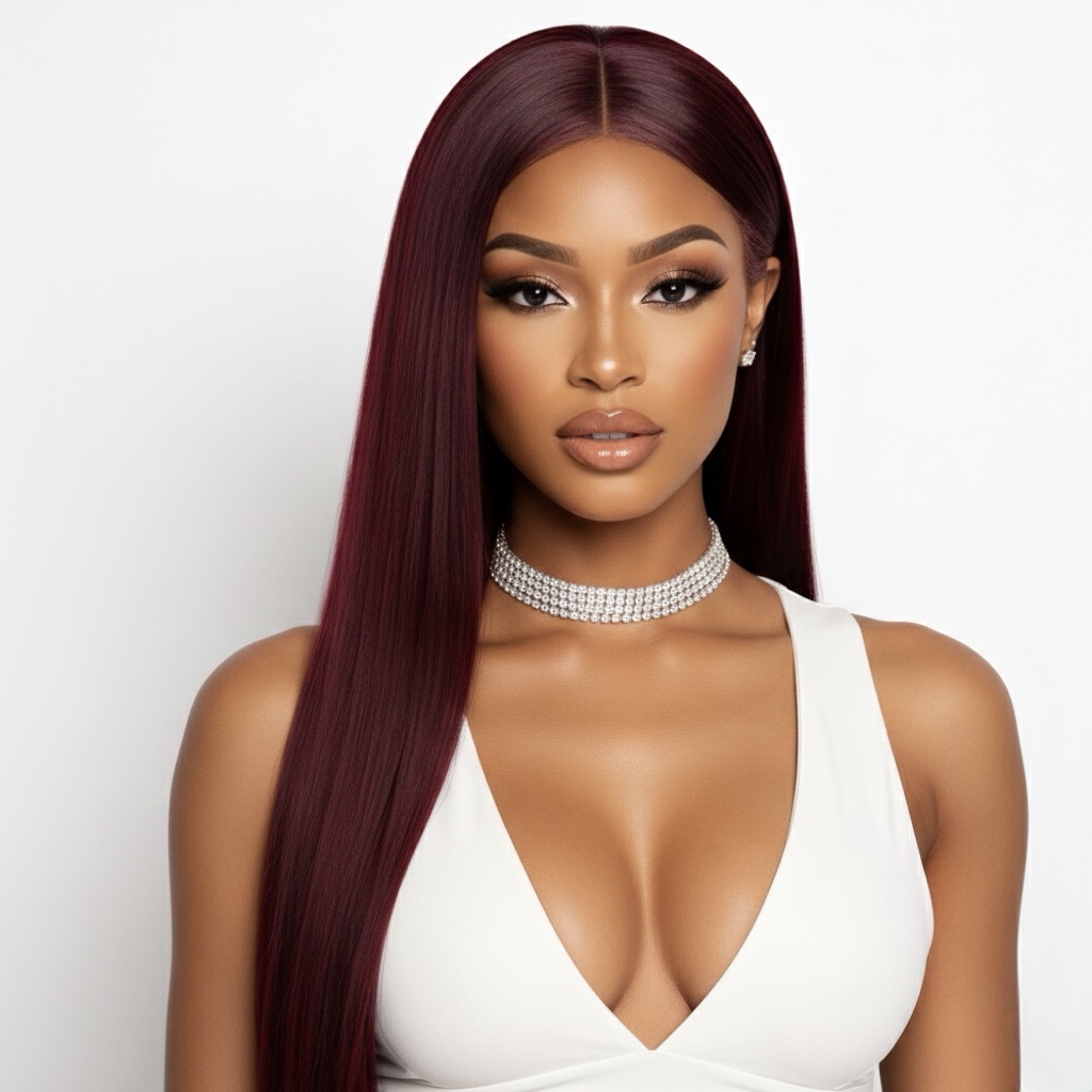 RED OR BURGUNDY STRAIGHT LACE FRONTAL WIG - Image 2